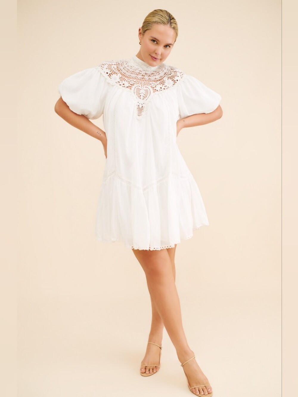 Anthropologie High Neck Lace Tunic Mini Dress XS White Boho Crochet Babydoll NWT